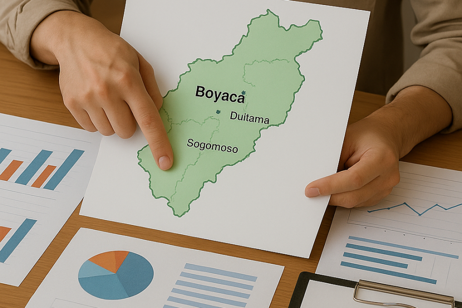 Persona analizando un mapa de Boyacá para identificar oportunidades de negocio con gráficas de mercado
